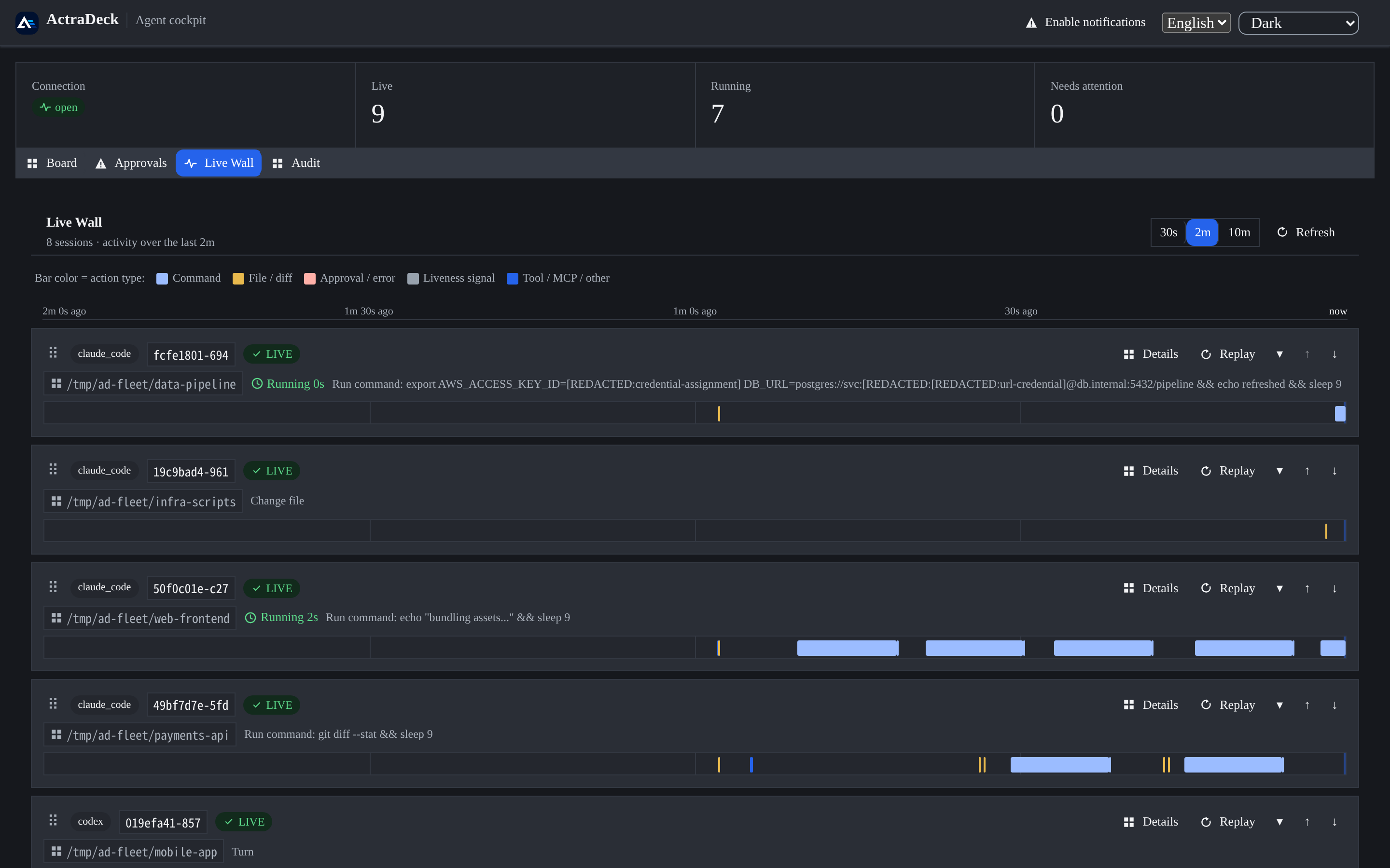 Live Wall — claude_code と codex を横断する複数セッションの活動タイムライン